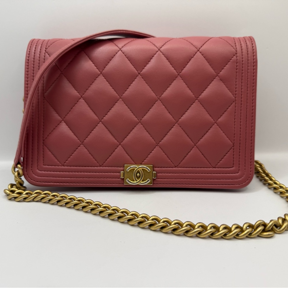 SOLD CHANEL Boy Wallet on Chain Rose Quilted with Gold Chain